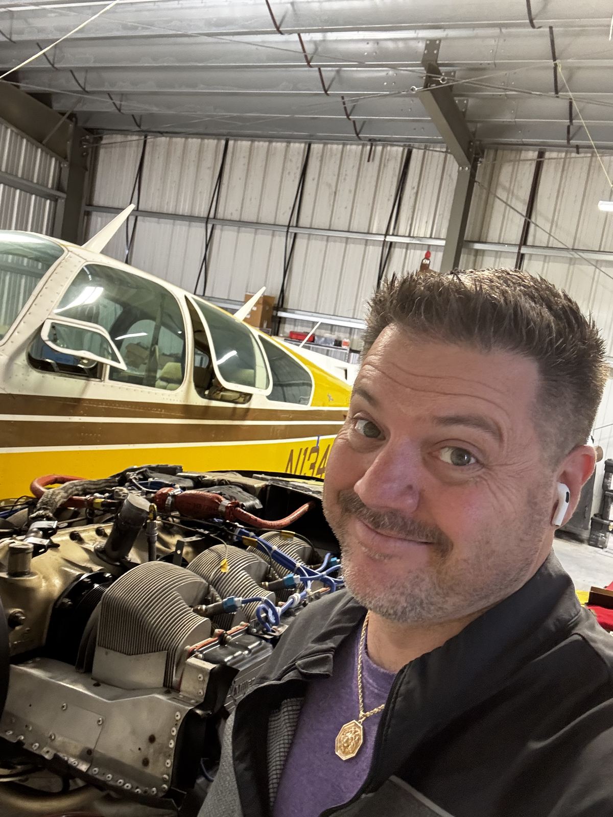 Piston engine maintenance on a Beechcraft in the hangar